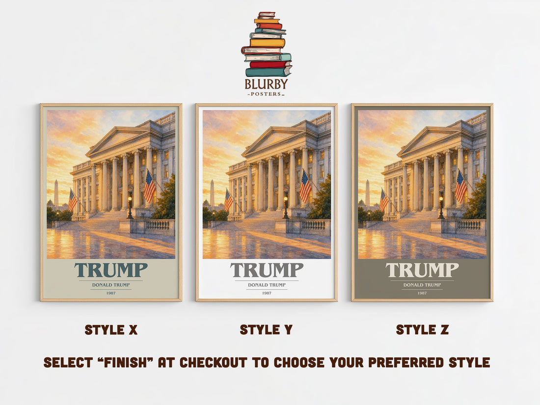 Trump book cover print in frame leaning in hallway – non fiction wall art (mockup)