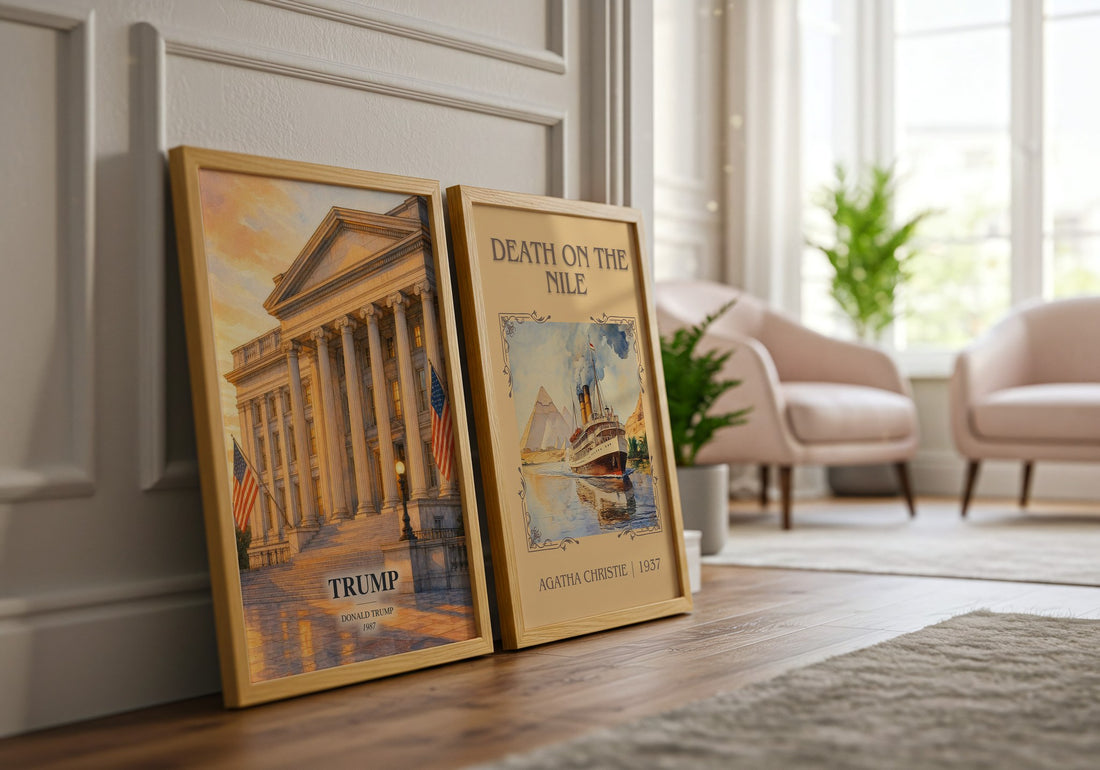 Trump watercolour print framed by window – literary home decor