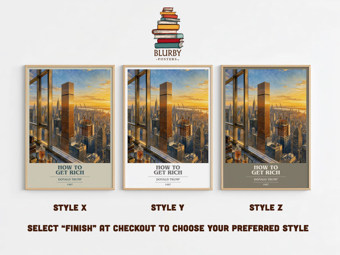 How to Get Rich book cover print in frame leaning in hallway – non fiction wall art (mockup)
