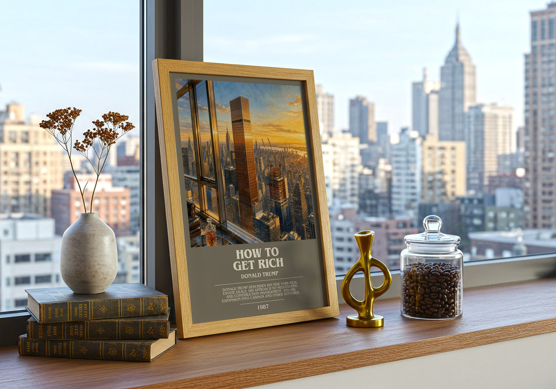 How to Get Rich bookish print framed by window – literary home decor