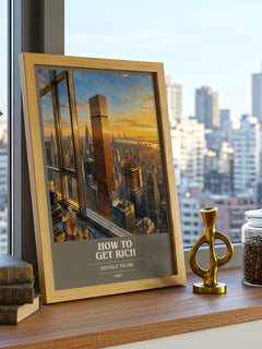 How to Get Rich book cover print framed by window – literary home decor