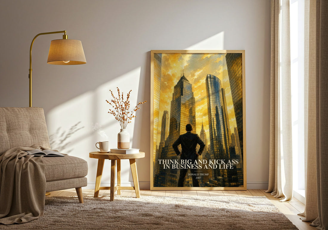 Think big and kick ass in business and life watercolour print in frame leaning in hallway – non fiction wall art