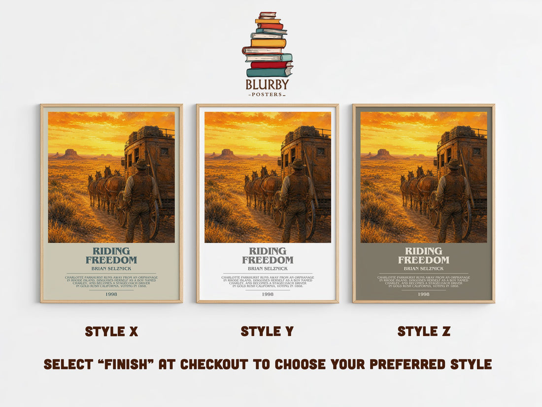 Riding Freedom bookish print in frame leaning in hallway – historical fiction wall art (mockup)