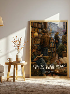 The Essential Dykes to Watch Out For watercolour print in frame leaning in hallway – non fiction wall art