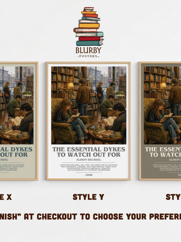 The Essential Dykes to Watch Out For bookish print in frame leaning in hallway – non fiction wall art