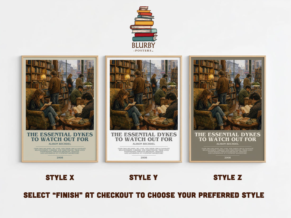 The Essential Dykes to Watch Out For bookish print in frame leaning in hallway – non fiction wall art (mockup)
