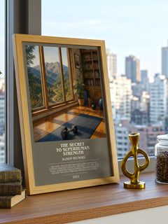 The Secret to Superhuman Strength bookish print framed by window – literary home decor