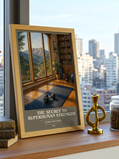 The Secret to Superhuman Strength book cover print framed by window – literary home decor
