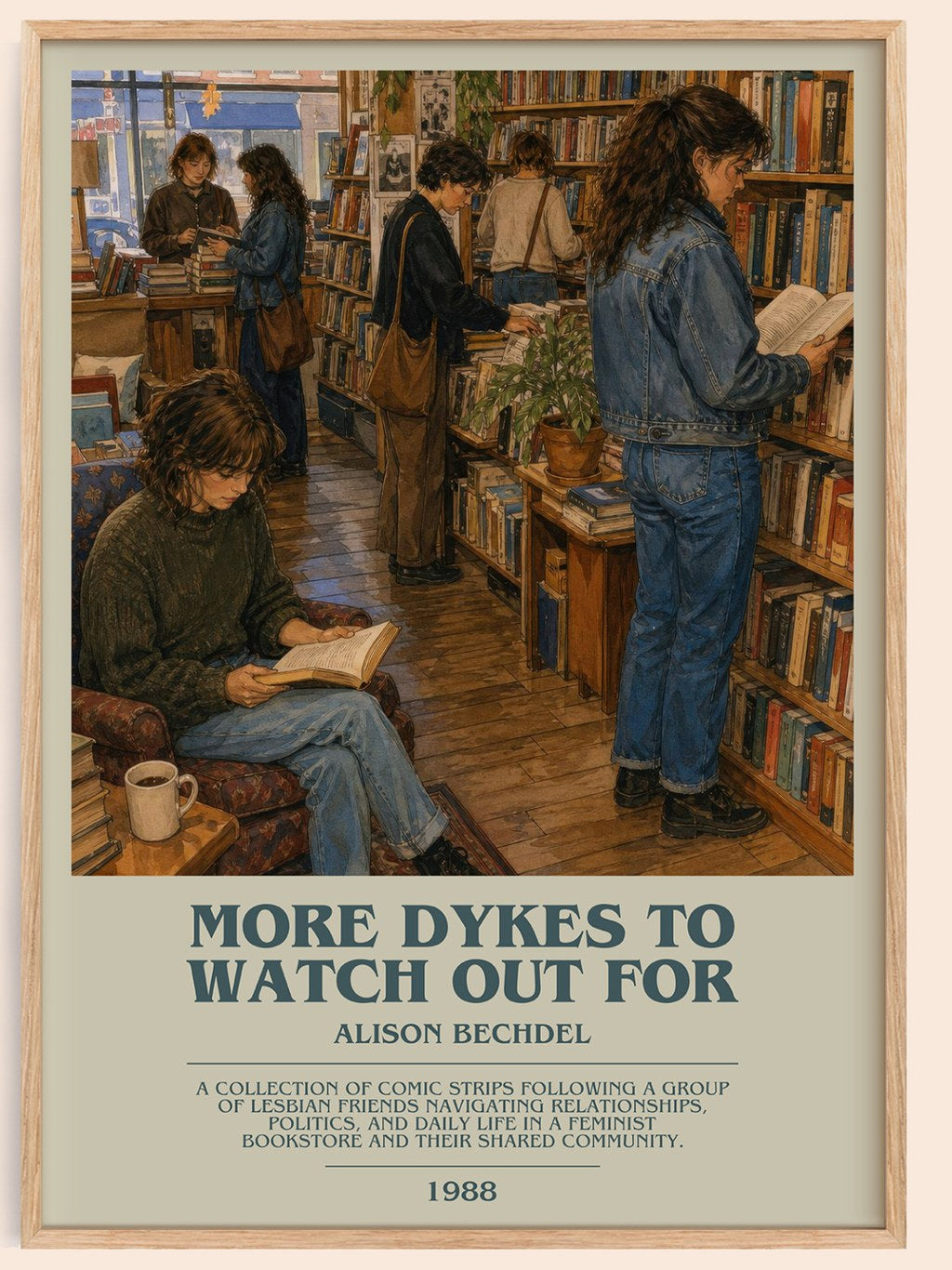 More dykes to watch out for bookish book poster by Alison Bechdel – framed literary art print