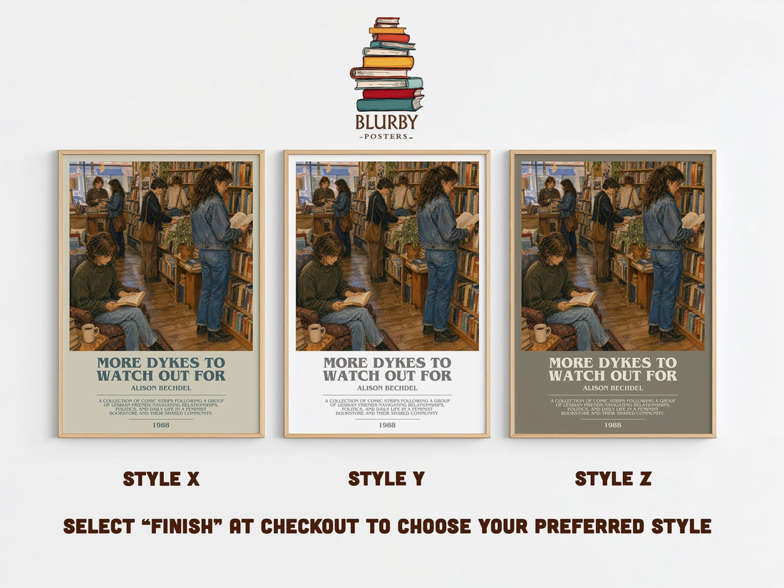 More dykes to watch out for bookish print in frame leaning in hallway – non fiction wall art (mockup)