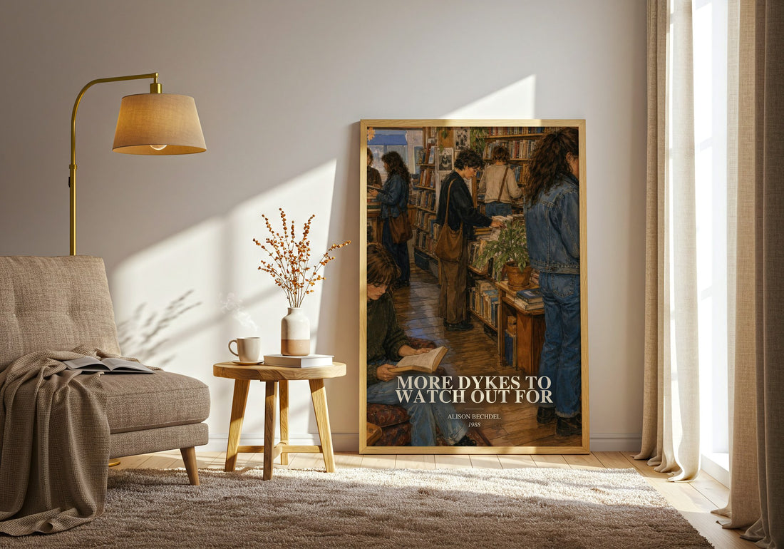 More dykes to watch out for watercolour print in frame leaning in hallway – non fiction wall art