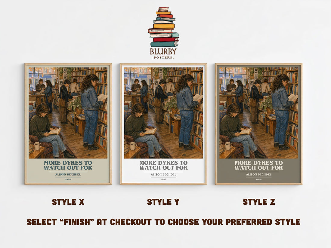 More dykes to watch out for book cover print in frame leaning in hallway – non fiction wall art (mockup)