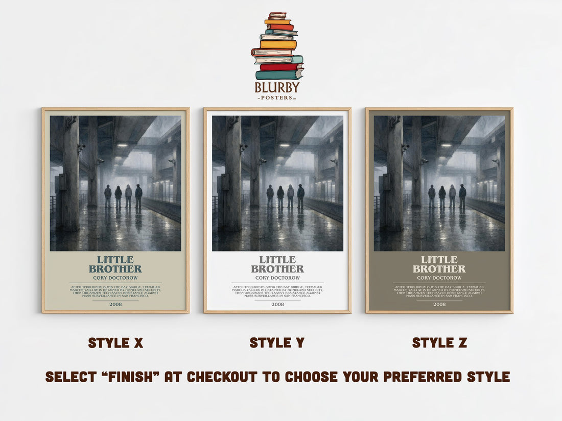 Little Brother bookish print in frame leaning in hallway – young adult wall art (mockup)