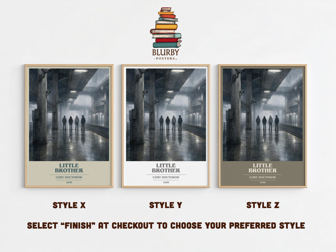 Little Brother book cover print in frame leaning in hallway – young adult wall art (mockup)