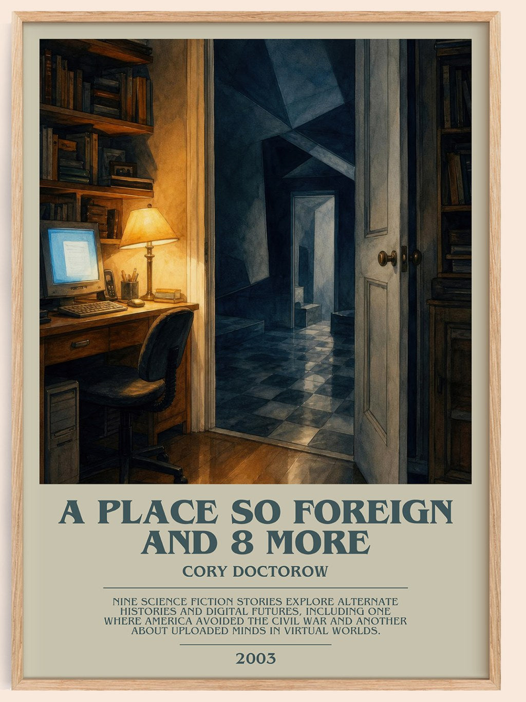 A Place So Foreign and 8 More bookish book poster by Cory Doctorow – framed literary art print