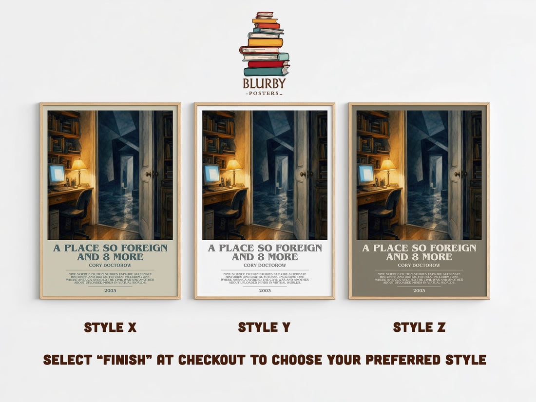 A Place So Foreign and 8 More bookish print in frame leaning in hallway – sci fi wall art (mockup)