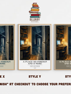 A Place So Foreign and 8 More book cover print in frame leaning in hallway – sci fi wall art