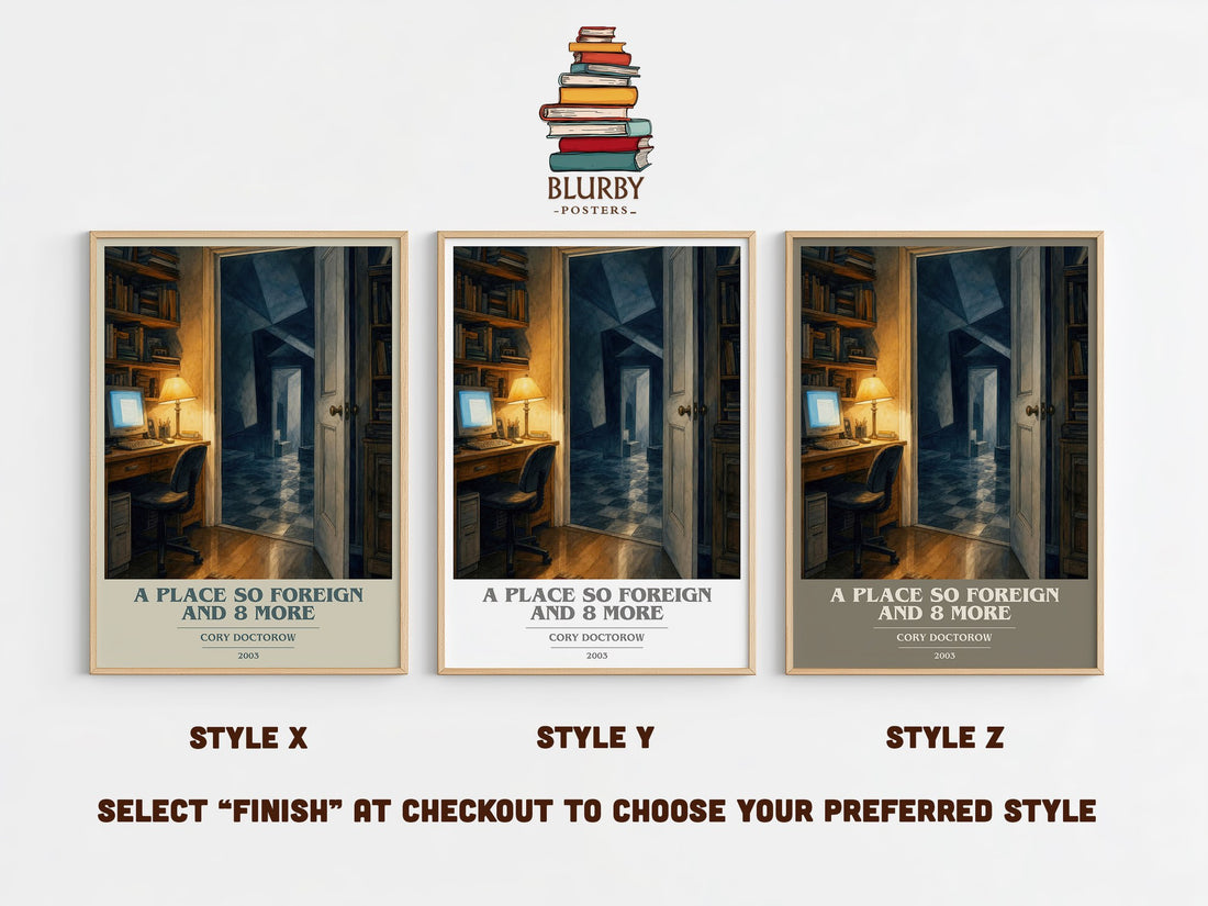 A Place So Foreign and 8 More book cover print in frame leaning in hallway – sci fi wall art (mockup)