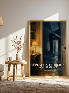 A Place So Foreign and 8 More watercolour print in frame leaning in hallway – sci fi wall art