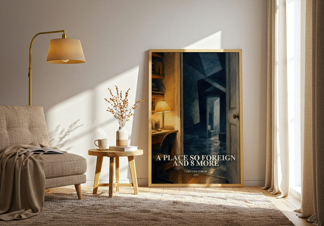 A Place So Foreign and 8 More watercolour print in frame leaning in hallway – sci fi wall art