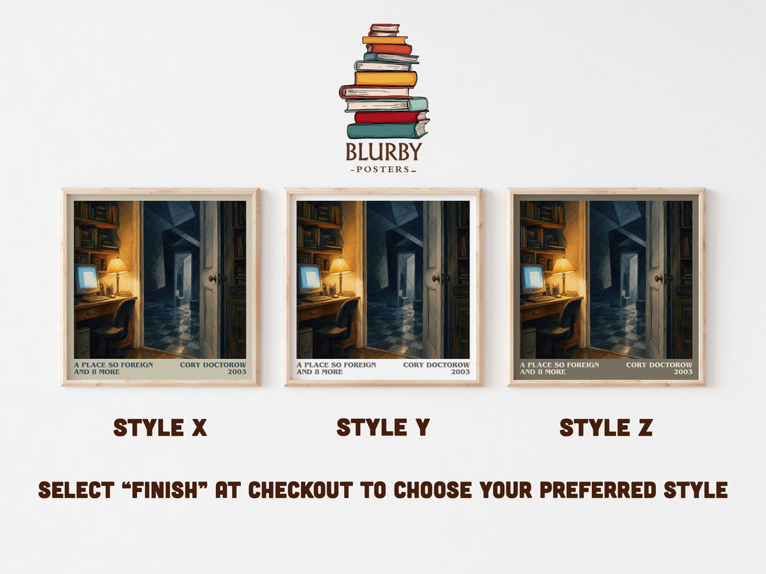 A Place So Foreign and 8 More literary print in frame leaning in hallway – sci fi wall art (mockup)