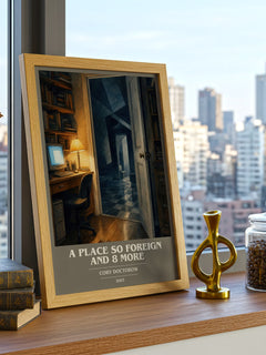 A Place So Foreign and 8 More book cover print framed by window – literary home decor