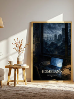 Homeland watercolour print in frame leaning in hallway – dystopian wall art