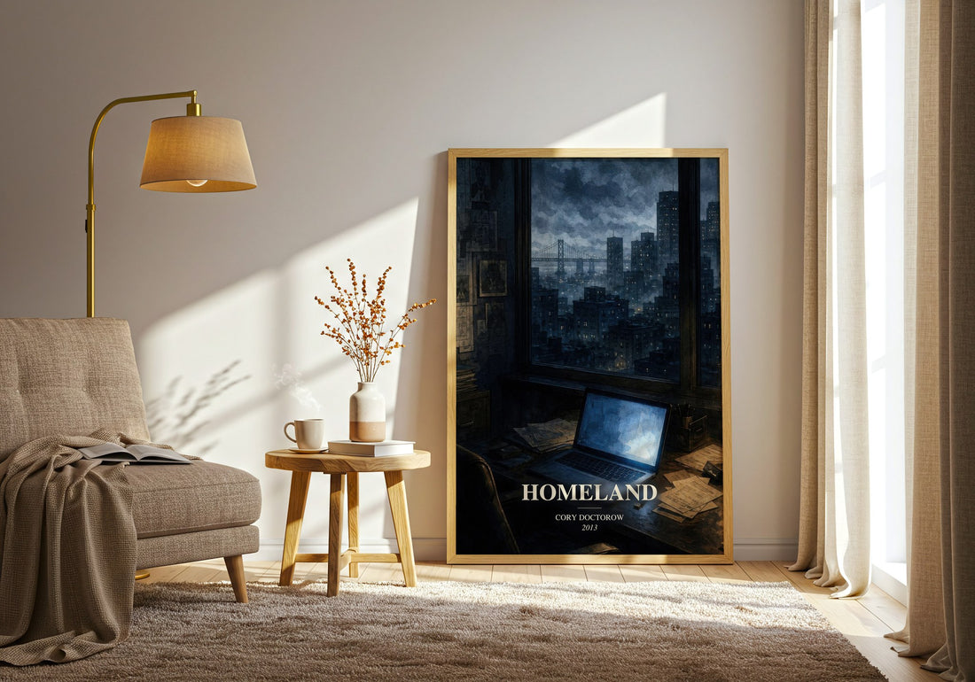 Homeland watercolour print in frame leaning in hallway – dystopian wall art