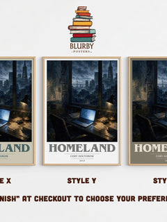 Homeland book cover print in frame leaning in hallway – dystopian wall art