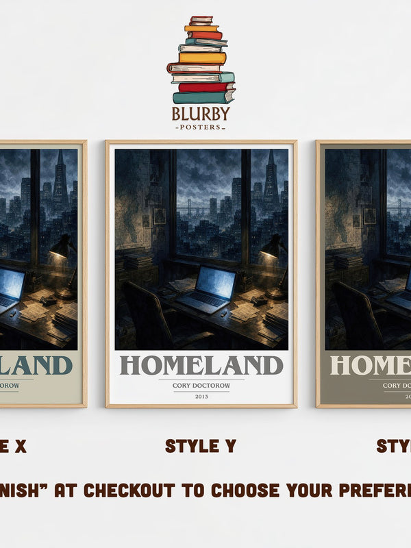 Homeland book cover print in frame leaning in hallway – dystopian wall art