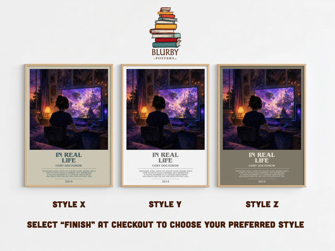 In Real Life bookish print in frame leaning in hallway – young adult wall art (mockup)