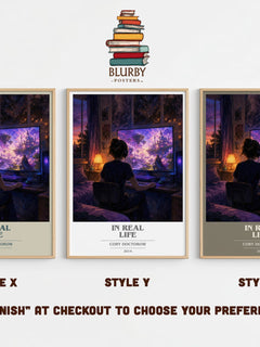 In Real Life book cover print in frame leaning in hallway – young adult wall art