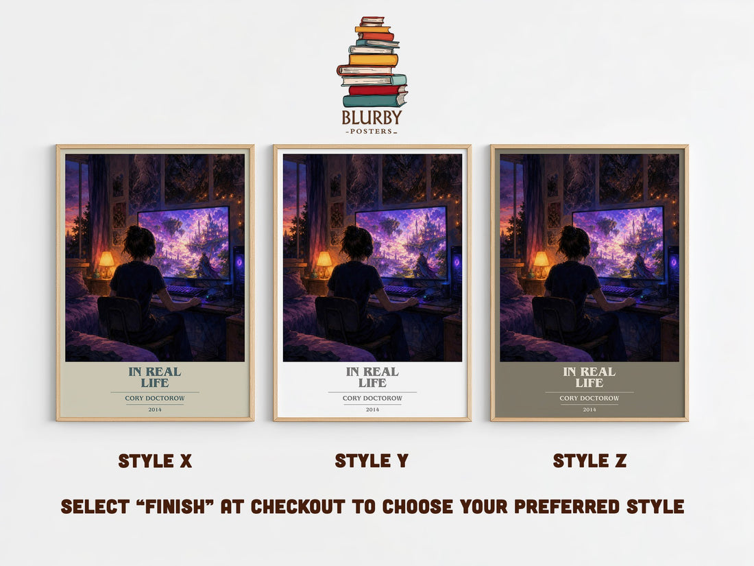 In Real Life book cover print in frame leaning in hallway – young adult wall art (mockup)