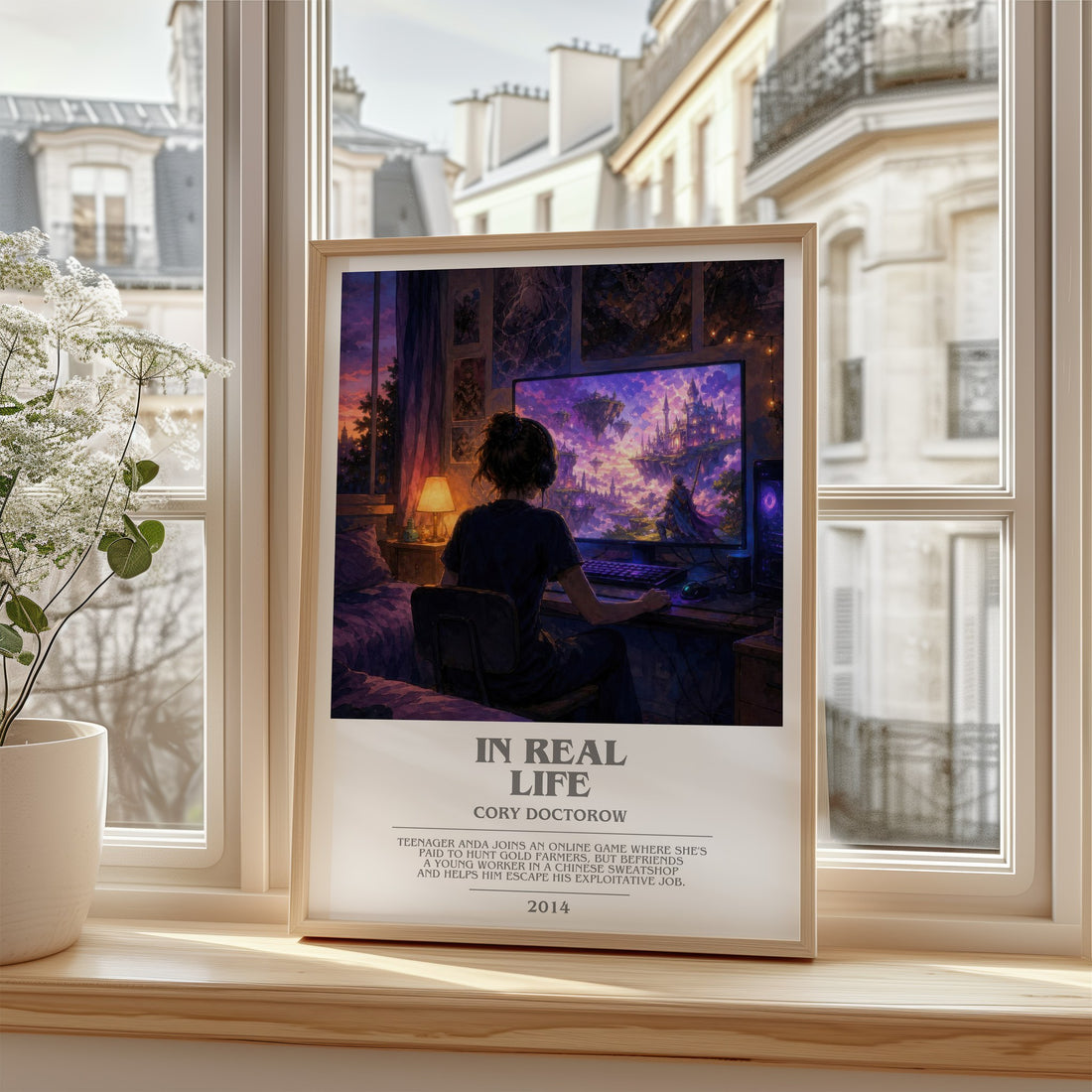 In Real Life bookish poster colour and style options – Cory Doctorow book art