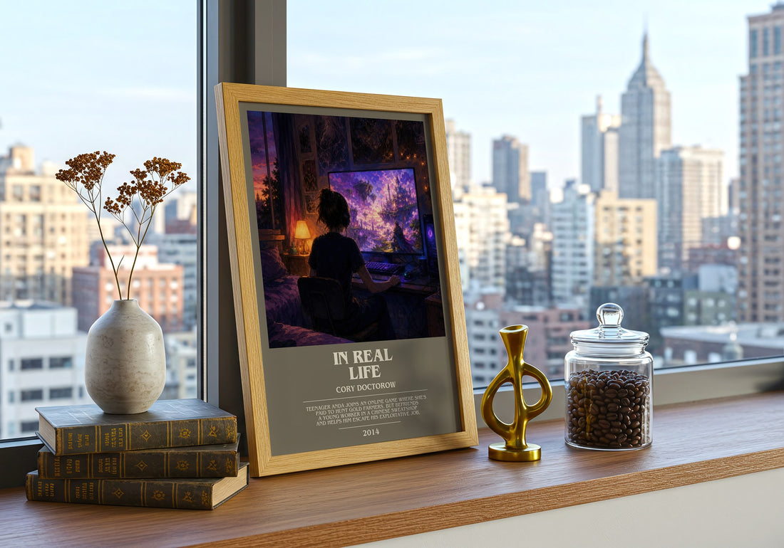In Real Life bookish print framed by window – literary home decor