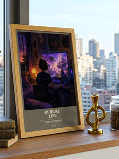 In Real Life book cover print framed by window – literary home decor