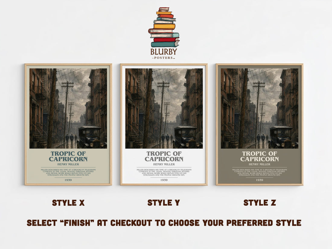 Tropic of Capricorn bookish print in frame leaning in hallway – literary fiction wall art (mockup)
