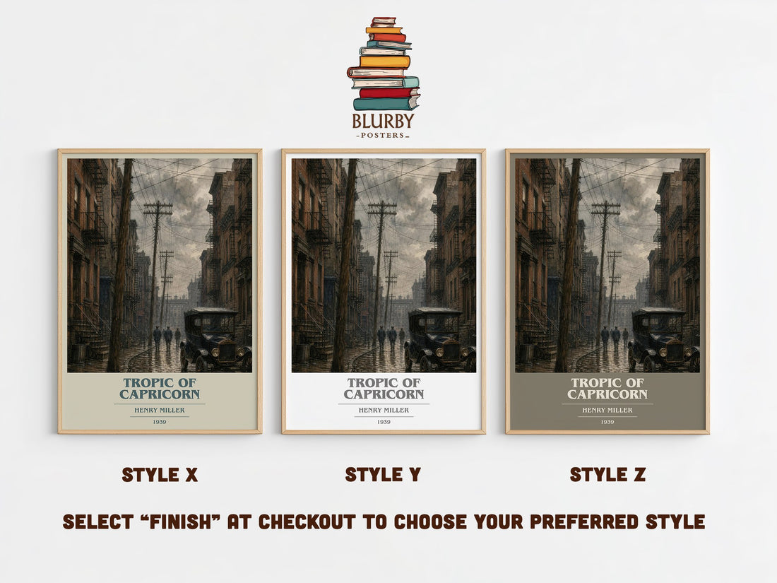Tropic of Capricorn book cover print in frame leaning in hallway – literary fiction wall art (mockup)