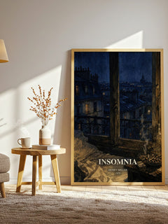 Insomnia watercolour print in frame leaning in hallway – memoir wall art