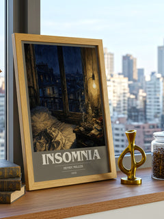 Insomnia book cover print framed by window – literary home decor