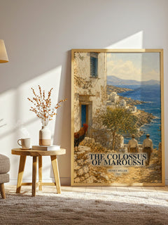 The Colossus of Maroussi watercolour print in frame leaning in hallway – non fiction wall art