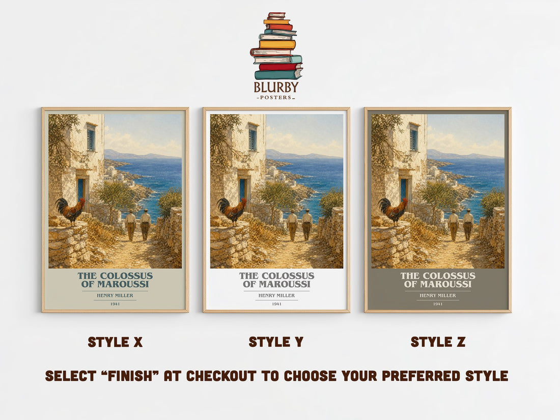 The Colossus of Maroussi book cover print in frame leaning in hallway – non fiction wall art (mockup)