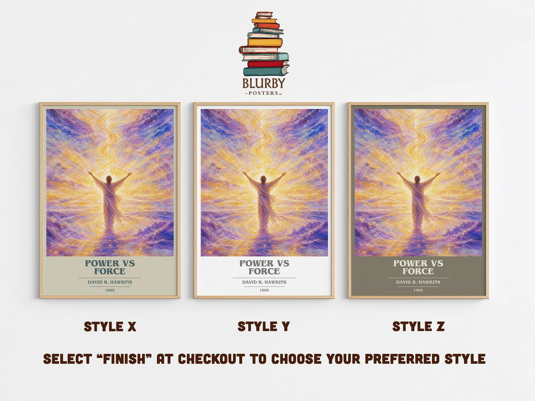 Power vs Force book cover print in frame leaning in hallway – non fiction wall art (mockup)