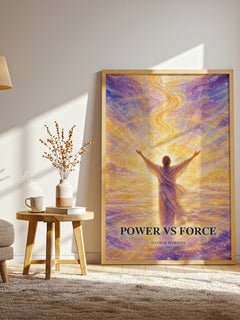 Power vs Force watercolour print in frame leaning in hallway – non fiction wall art