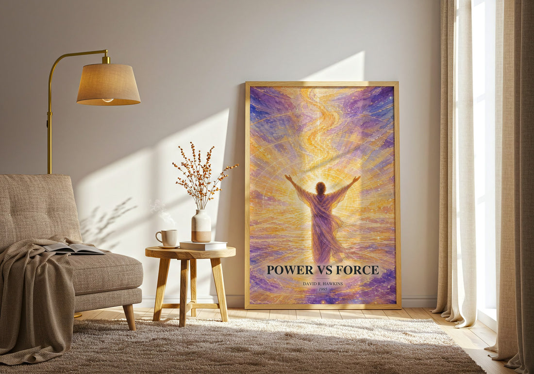 Power vs Force watercolour print in frame leaning in hallway – non fiction wall art