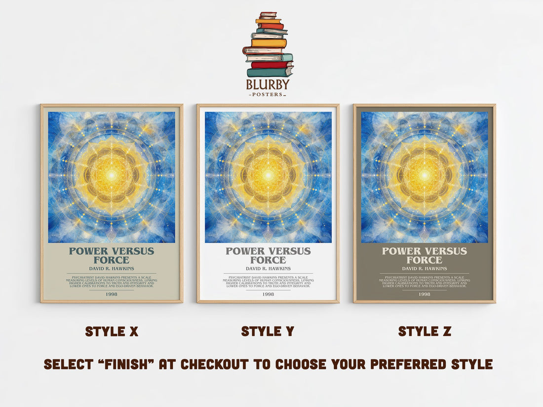 Power versus force bookish print in frame leaning in hallway – non fiction wall art (mockup)