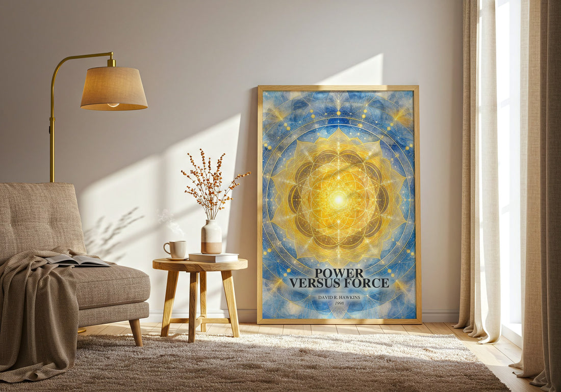 Power versus force watercolour print in frame leaning in hallway – non fiction wall art