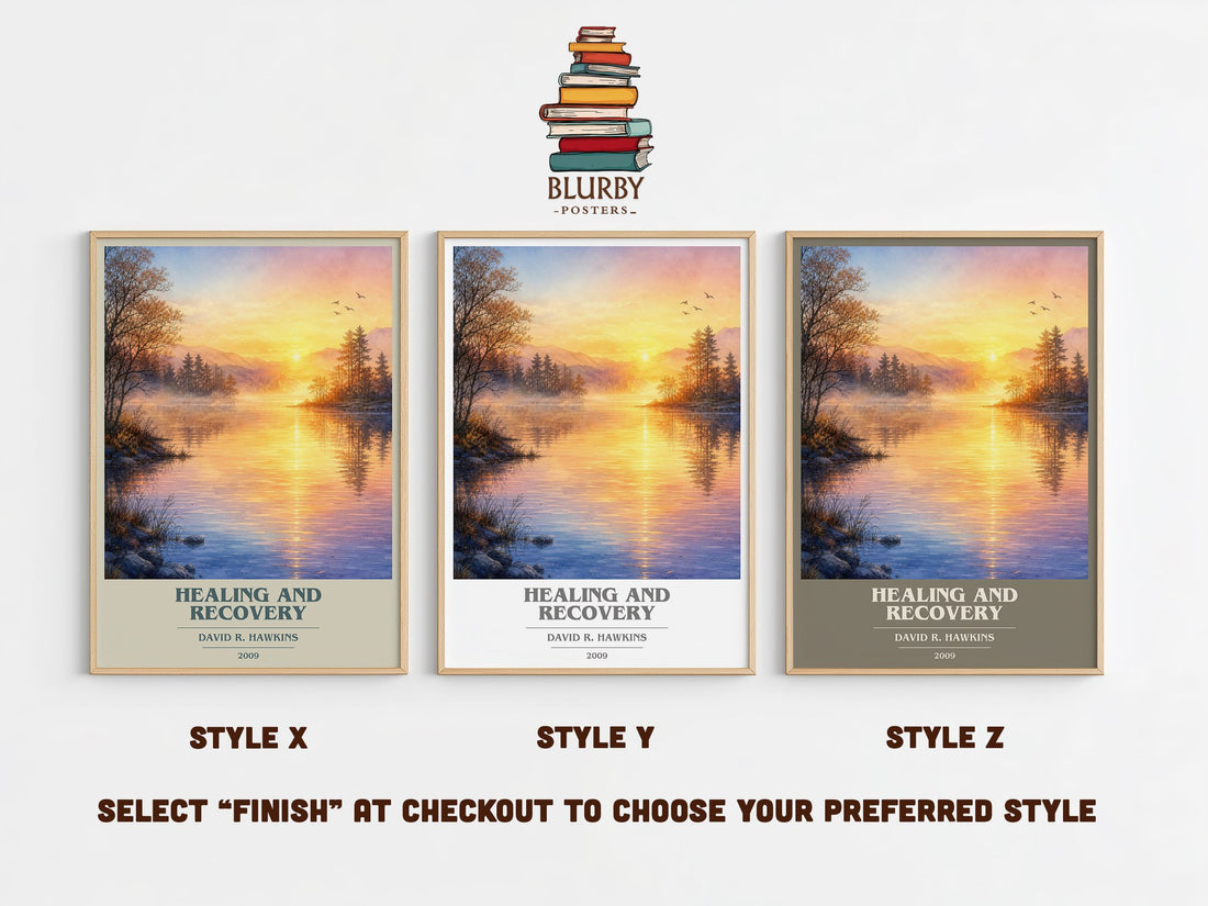 Healing and recovery book cover print in frame leaning in hallway – philosophy wall art (mockup)