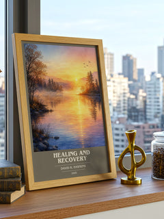 Healing and recovery book cover print framed by window – literary home decor