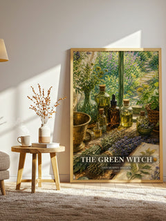 The Green Witch watercolour print in frame leaning in hallway – non fiction wall art